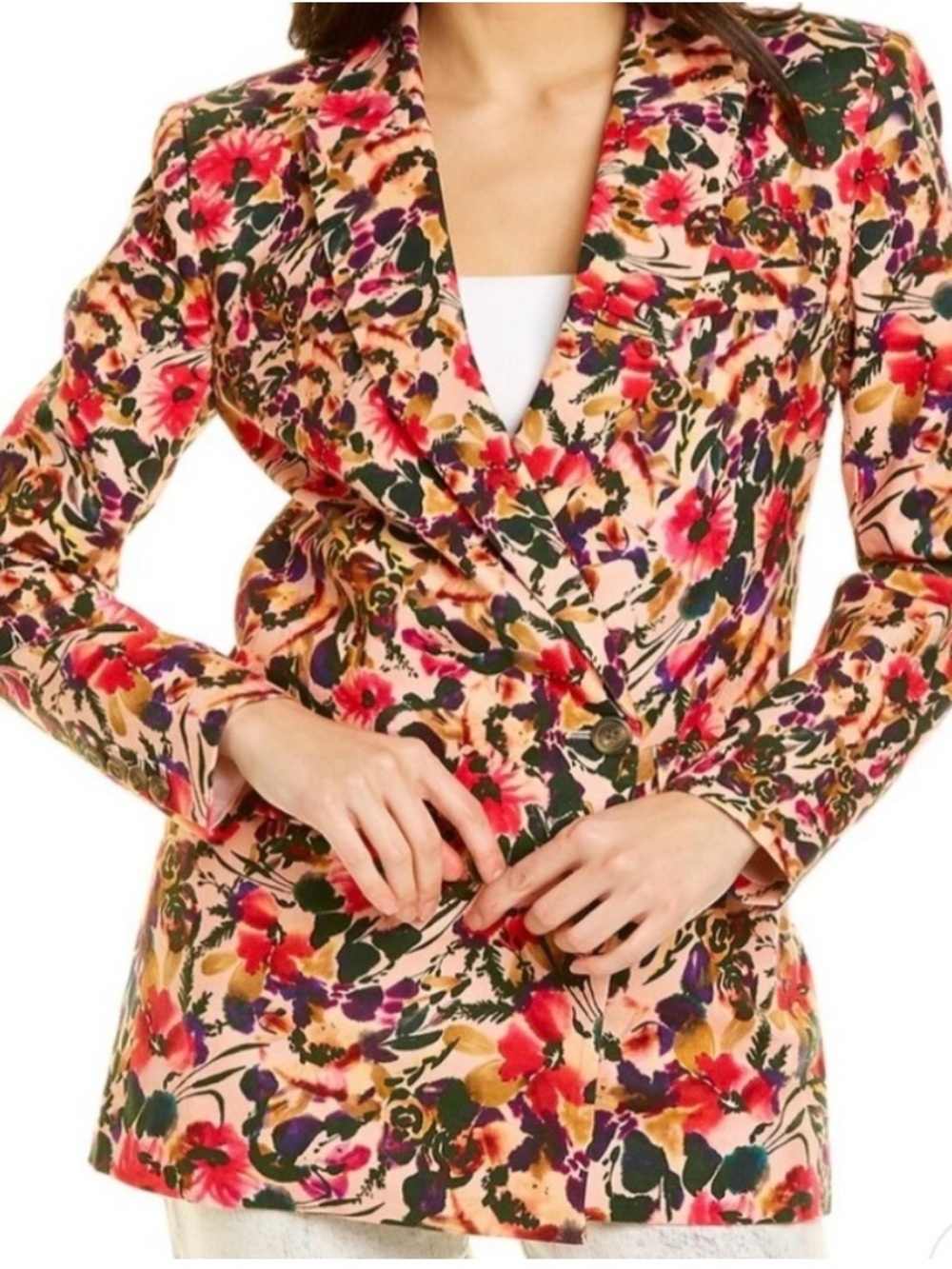 Something Navy Pink Floral Double-Breasted Blazer with brown , Green jacket